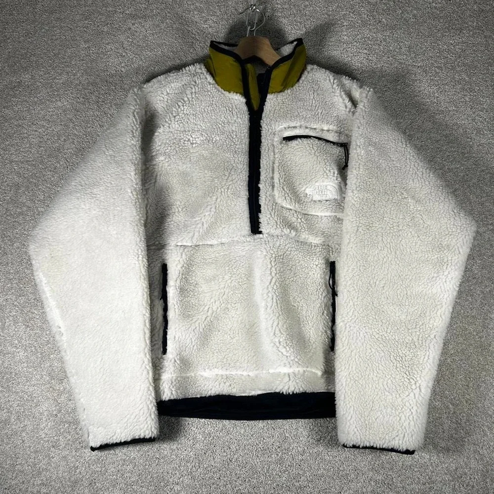 Men's The North Face white and green all Sherpa fleece 1/2 zip sweater jacket S